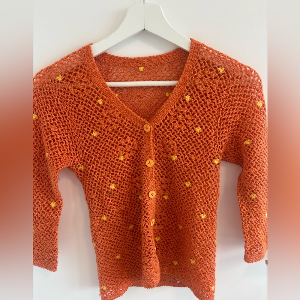 Orange Crochet V-Neck Button Cardigan Sweater